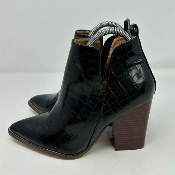 Mata Black Crocodile Side Split Pointy Toe Chunky Stacked Heel Booties Size 9 - Picture 5 of 12